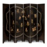 Screen; China, 19th century.Carved and polychrome wood. Inlaid with carved bone.Sizes: 183 x 240