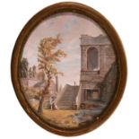 French school; 18th century."Landscape with Ruins.Oil on panel.Size: 36 x 30 cm; 40 x 34,5 cm (