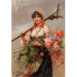 DANIEL HERNANDEZ (Salcabamba Peru, 1856 - Lima, 1932)"Woman labourer with a bunch of flowers".Oil on