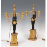 Pair of candlesticks, Empire period; c. 1810.Gilt and blued bronze.Electrified.Measurements: 58 x 29