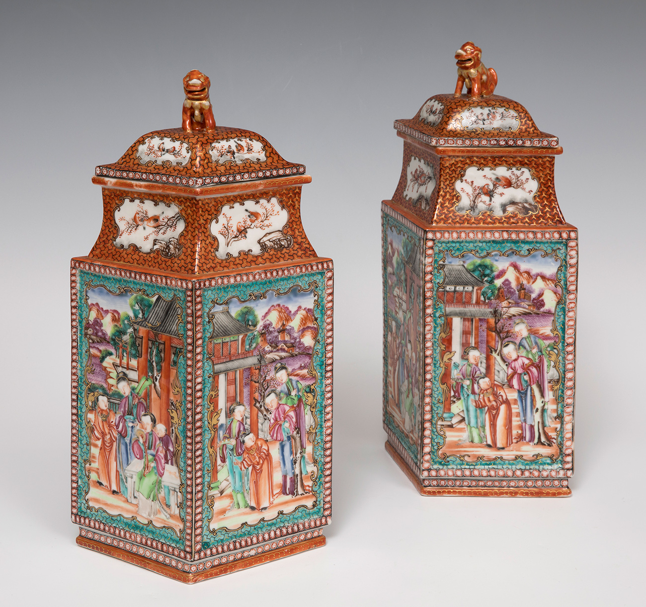 Pair of lidded rhomboid vases; China, Jiaping period (1796-1820).Porcelain, pink family.