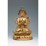 Bodhisattva; Beijing or Tibet. Ming Dynasty. 15TH-16TH C. Gilt and chiselled bronze inlaid with