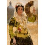 Spanish school; 19th century."Portrait of a young lady with fan.Oil on canvas.It has a label on