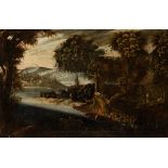 Italian school of the late 17th century."Landscape with figures".Oil on canvas. With its original