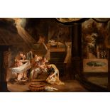 Flemish school, pps. 17th century."The Birth of the Virgin.Oil on canvas.Re-drawn. Missing paint.