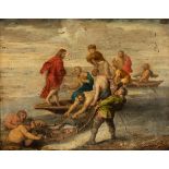 Flemish school; early 17th century."Christ at the Sea of Tiberias".Oil on copper.It shows faults,