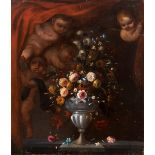 Valencian school of the 17th century."Vase with flowers and angels".Oil on canvas.It presents