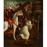 Spanish school; mid-16th century."Road to Calvary".Oil on panel.Size: 102 x 87 cm; 108 x 94 cm (