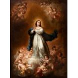 Sevillian school, 18th century."Immaculate surrounded by angels".Oil on canvas.Cracked in the