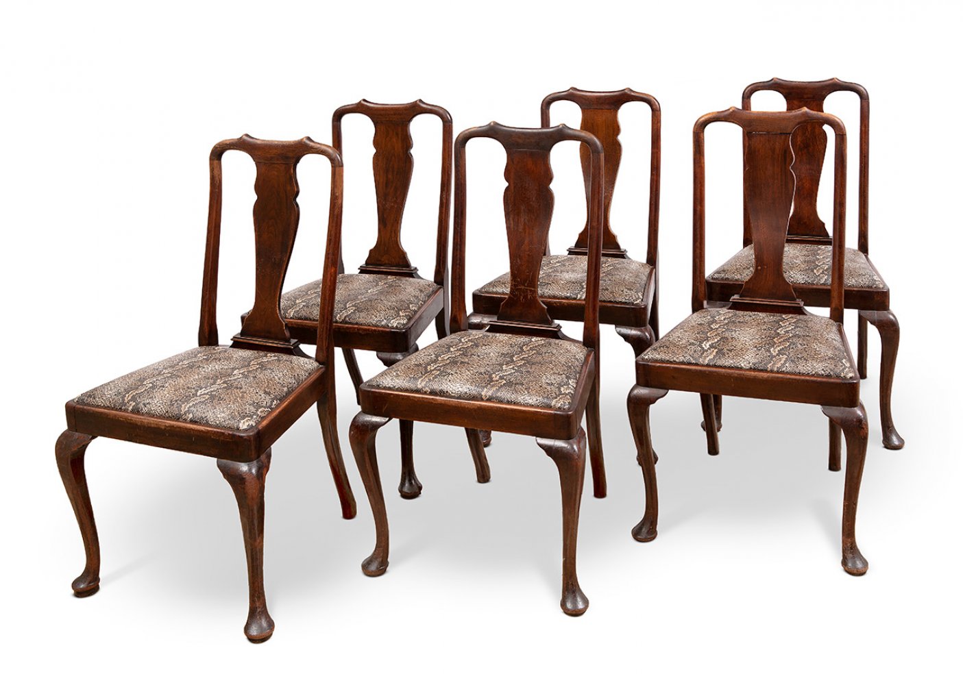 Six American Chippendale style dining table chairs, 19th century.Mahogany wood. Imitation boa skin