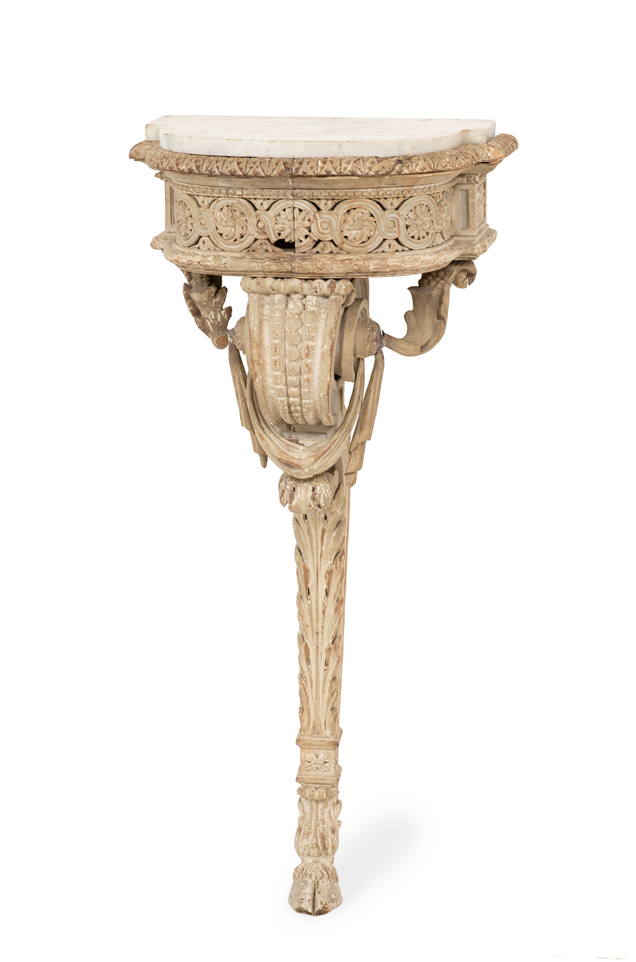 Louis XVI console; France, late 18th century.Carved and polychrome wood. White marble top.It