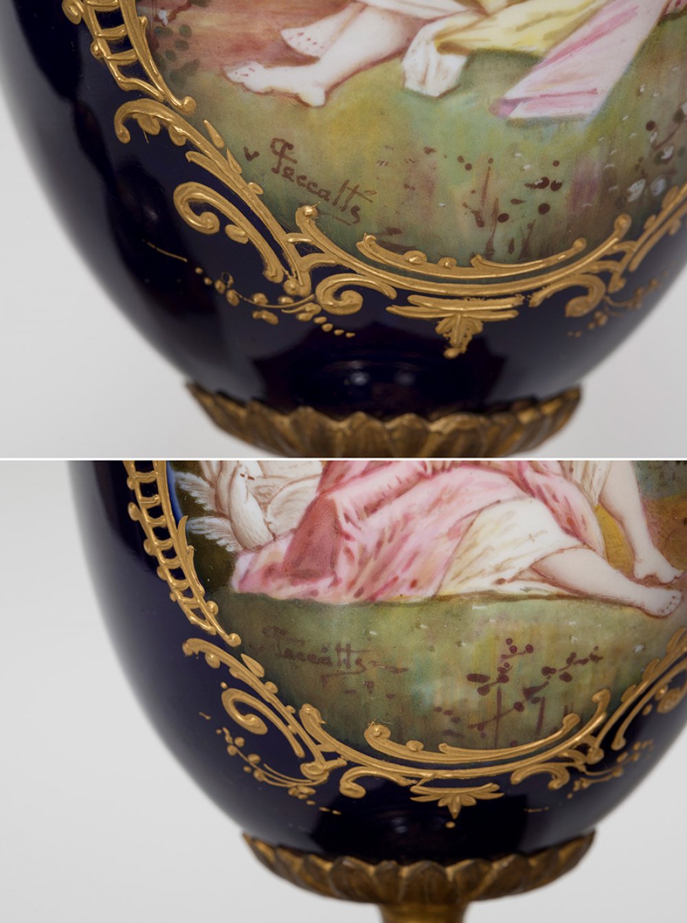 Pair of goblets; Sèvres, late 19th century.Porcelain and bronze.Signed Feccalti.With felling loss ( - Image 4 of 5