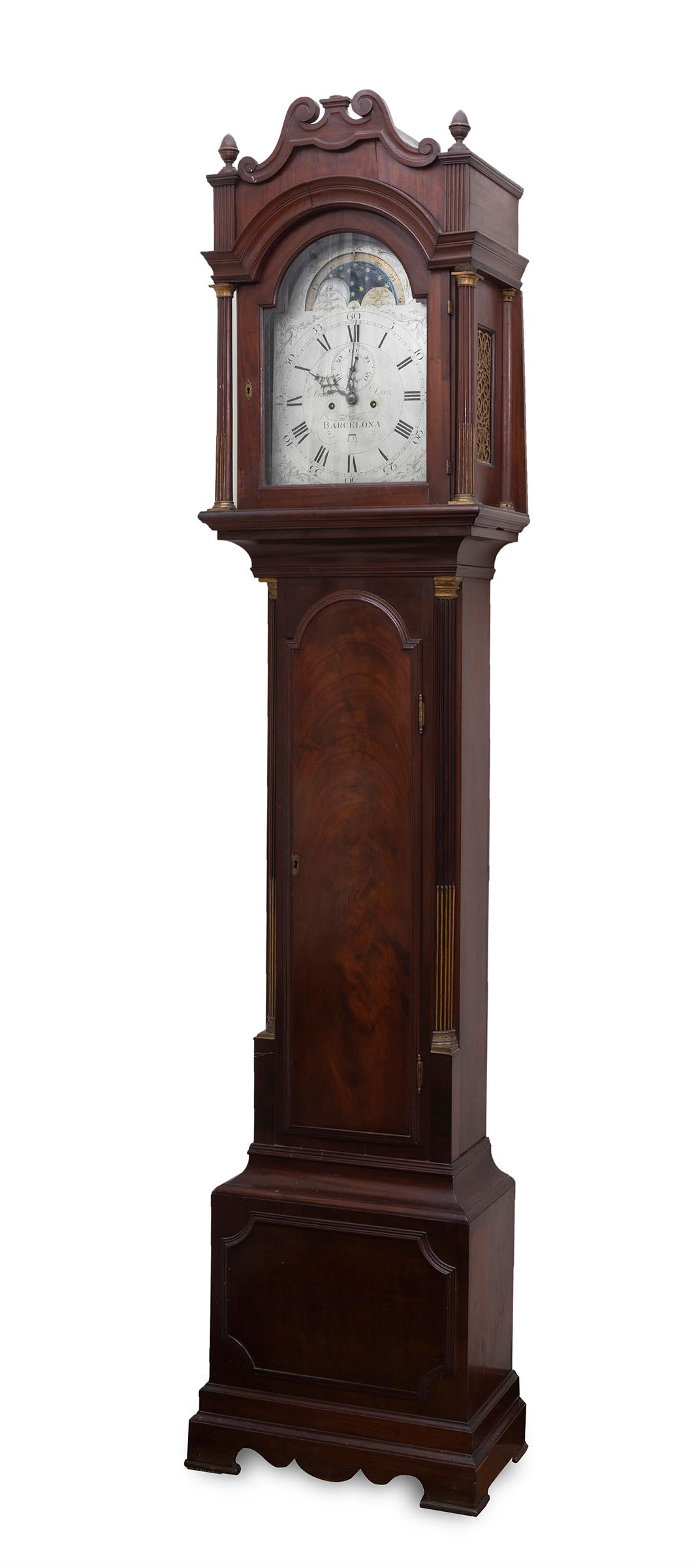 Daniel Droz grandfather clock, 19th century.Mahogany wood.Measurements: 234 x 52 x 27 cm.Swiss