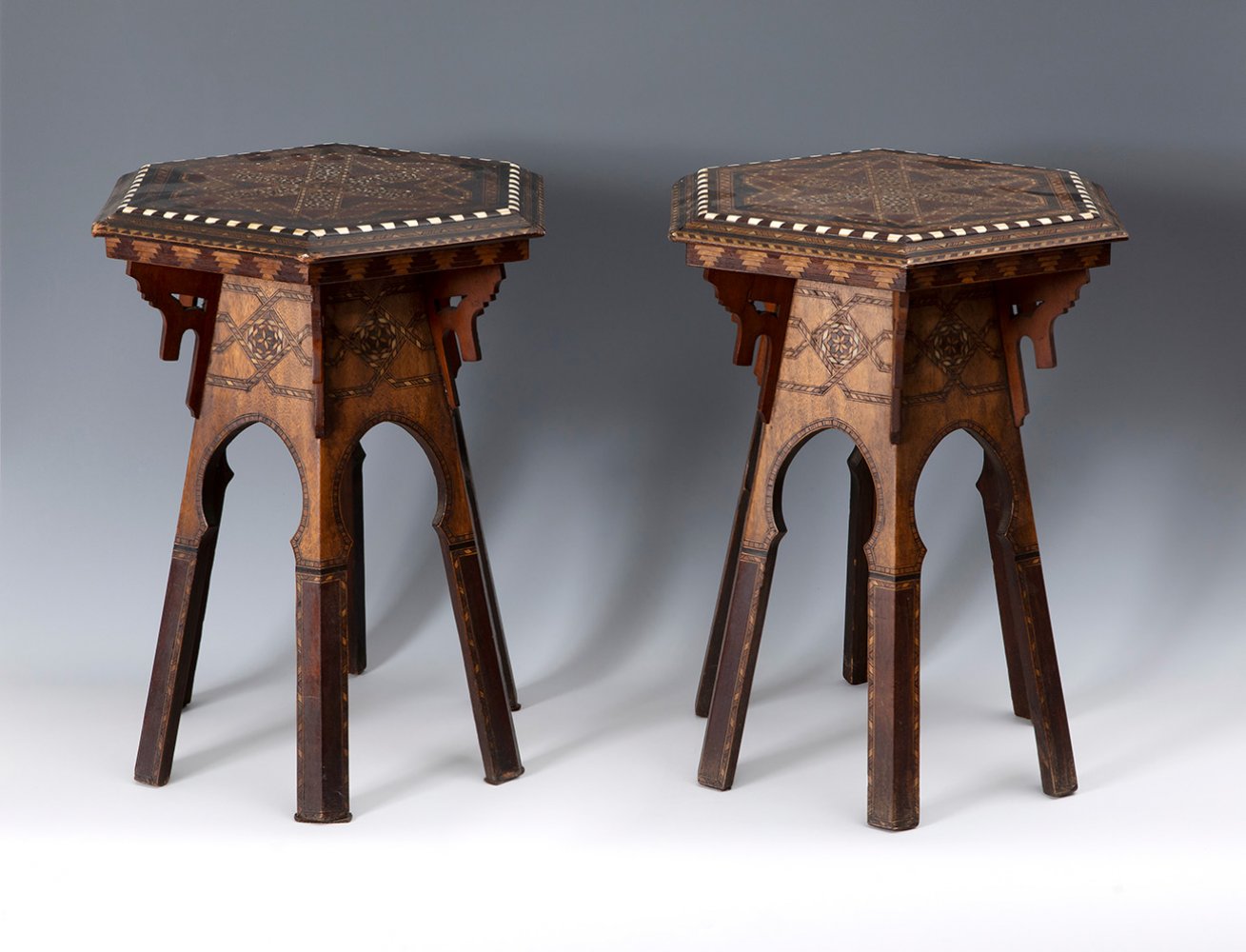 Pair of 19th century Granadian coffee tables.Walnut wood and bone inlay.Measurements: 45 x 34 x 38
