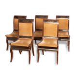 Set of five Fernandine chairs. Spain, ca.1820-1830.In mahogany wood, zinc marquetry.Use marks.