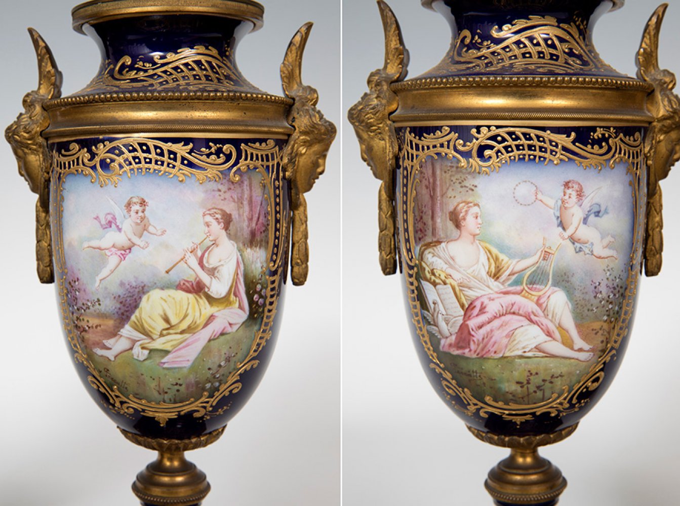 Pair of goblets; Sèvres, late 19th century.Porcelain and bronze.Signed Feccalti.With felling loss ( - Image 2 of 5