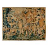 Aubusson tapestry. France, 17th century."The Conquest of America".The border is missing and has
