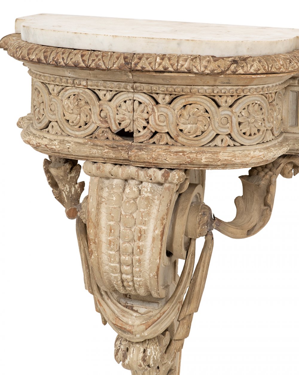 Louis XVI console; France, late 18th century.Carved and polychrome wood. White marble top.It - Image 5 of 6