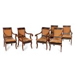 Set of six Fernandine armchairs. Spain, ca.1820-1830.In mahogany wood, zinc marquetry.Use marks.