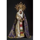 Virgin of candlestick. Spain, 20th century.Wooden candlestick structure. Head and hands in