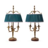 Pair of late 19th century Bouillotte lamps.Gilt bronze. Pleated fabric shade. Opaline crystal