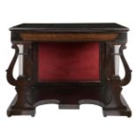 Fernandine console. Spain, circa 1830.Walnut wood, rosewood and lemongrass marquetry. Upholstered