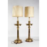 Pair of floor lamps. 1960s.Gilded bronze, opaline and parchment.Measurements: 181 x 43 cm .Pair of