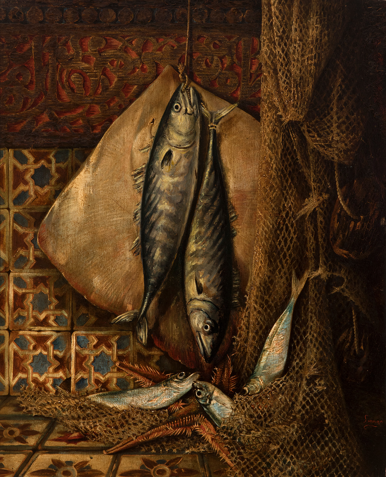 HORACIO LENGO MARTÍNEZ (Torremolinos, Málaga, 1840 - Madrid, 1890)."Still life with fish and