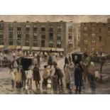 Spanish school, early 20th century.“View of the Puerta del Sol”Oil on stone cardboard.Signed and