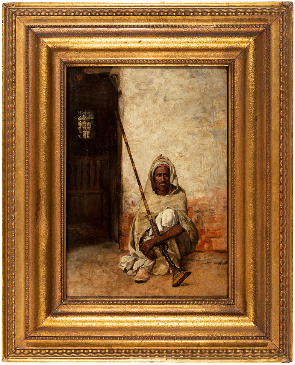 Spanish school, XIX century."Arab with a spikelet".Oil on panel.Frame with some faults in the - Bild 2 aus 4