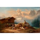 Central European School; second half of the XIX century.“Landscape with shepherds and cattle”.Oil on