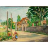 ANTONI COSTA (Barcelona, 1904 - 1965)."Lady and child in a green landscape".Oil on panel.Signed in