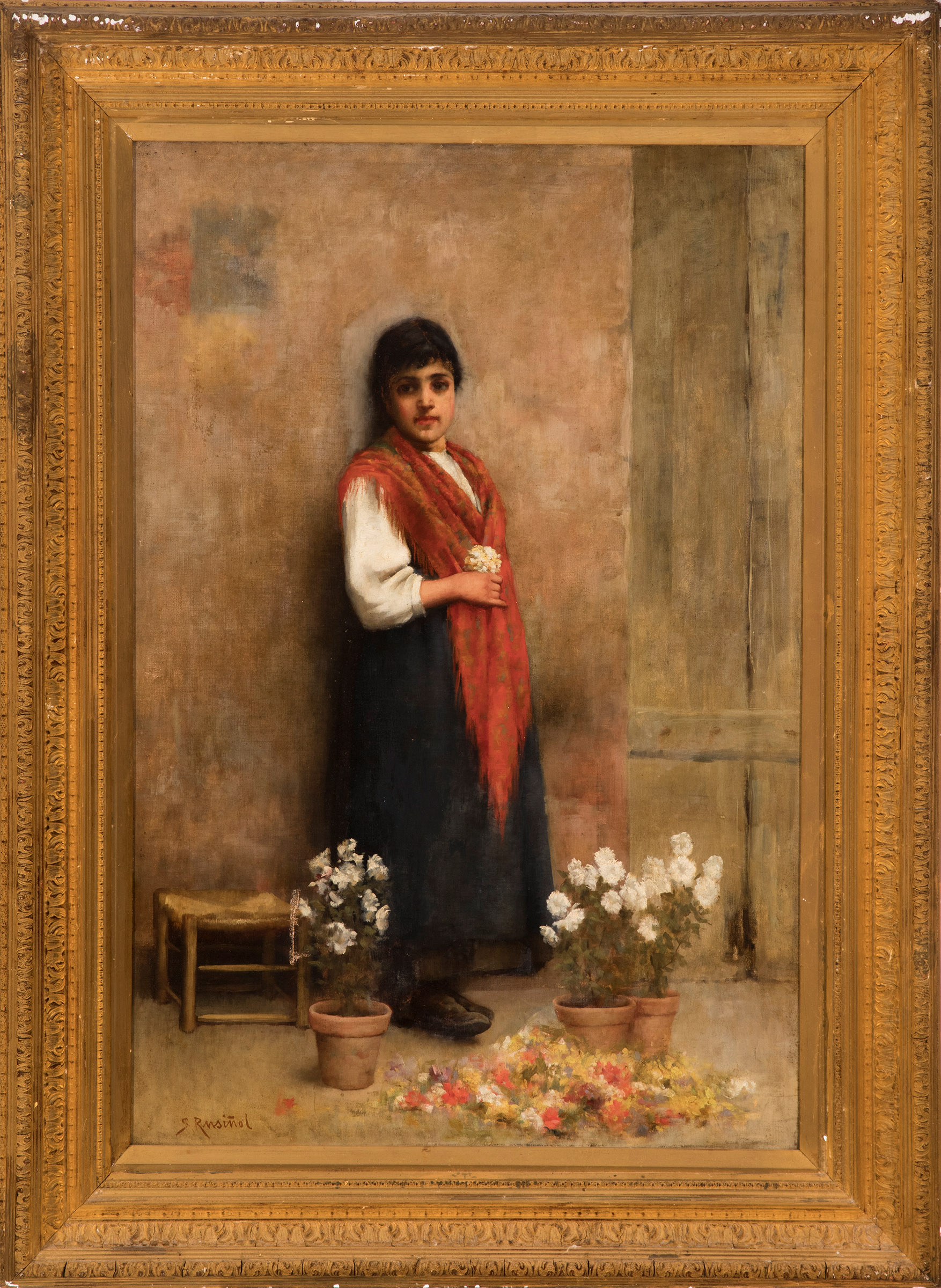Catalan school; XIX century."Girl with flowers".Oil on canvas.Signed S. Rusiñol, in the lower left - Bild 3 aus 4