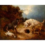 ROBERT CLEMINSON (England, 1864-1903)."Dogs by the Burrow". Oil on canvas.Signed in the lower