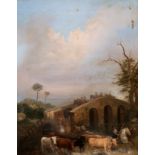 Spanish school of the 19th century."Costumbrista landscape with cattle".Oil on canvas. Relined.