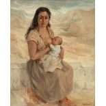 JOSÉ MARÍA LÓPEZ MEZQUITA (Granada, 1883 – Madrid, 1954)."Mother and son".Oil on canvas. Relined.