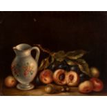 Andalusian school; XIX century.“Fruit still life with white vase”.Oil on canvas.