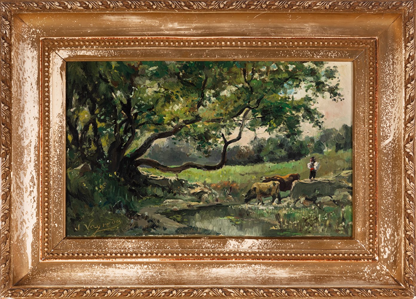 JOAQUIN VAYREDA VILA (Girona, 1843 - Olot, Girona, 1894)."Landscape with figures". Oil on canvas. - Bild 2 aus 4