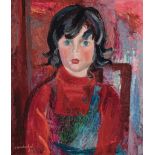 MENCHU GAL ORENDAIN (Irun, 1918 – 2008)."Girl in Red".Oil on board.Attached certificate issued by