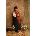 Catalan school; XIX century."Girl with flowers".Oil on canvas.Signed S. Rusiñol, in the lower left