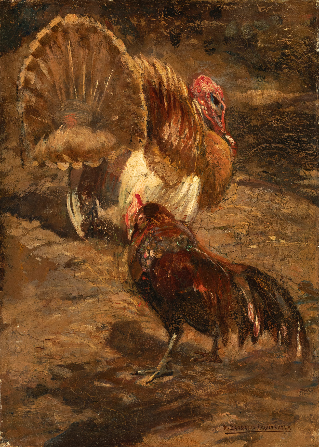 MARIANO BARBASÁN LAGUERUELA (Zaragoza, 1864 – 1924)."Turkey and chicken".Oil on canvas.Out of square