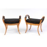 Pair of period and Biedermeier style stools, 19th century.Birch wood. Blue upholstery.One of them