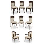 Six modernist chairs and two armchairs ca.1900.Wood and upholstery.Some stains on upholstery. In