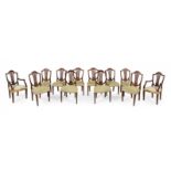 Menorcan Hepplewhite Style Chairs, ca.1790.2 armchairs and 10 chairs.Walnut wood.Measurements: 94