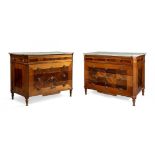 Pair of Carlos IV chests of drawers. Spain, late 18th century.Walnut wood, bois de violette.Has