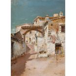 JOAN ROIG SOLER (Barcelona, 1852-1909).Vista de pueblo" ("Village View").Oil on canvas.Signed in the