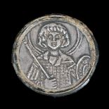 Fibula depicting Saint Demetrius. Byzantium, 7th-8th century AD.Silver.In good condition.Provenance: