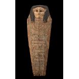 Sarcophagus lid. Ancient Egypt, late period, circa 664-323 BC.Carved and polychromed wood.It has a