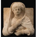 Funerary bust of a woman. Ancient Rome, Palmyra, ca. AD 100.Sandstone.Restored nose. With minor