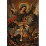 Spanish school; late 17th century."Saint Michael the Archangel".Oil on canvas.It presents faults and